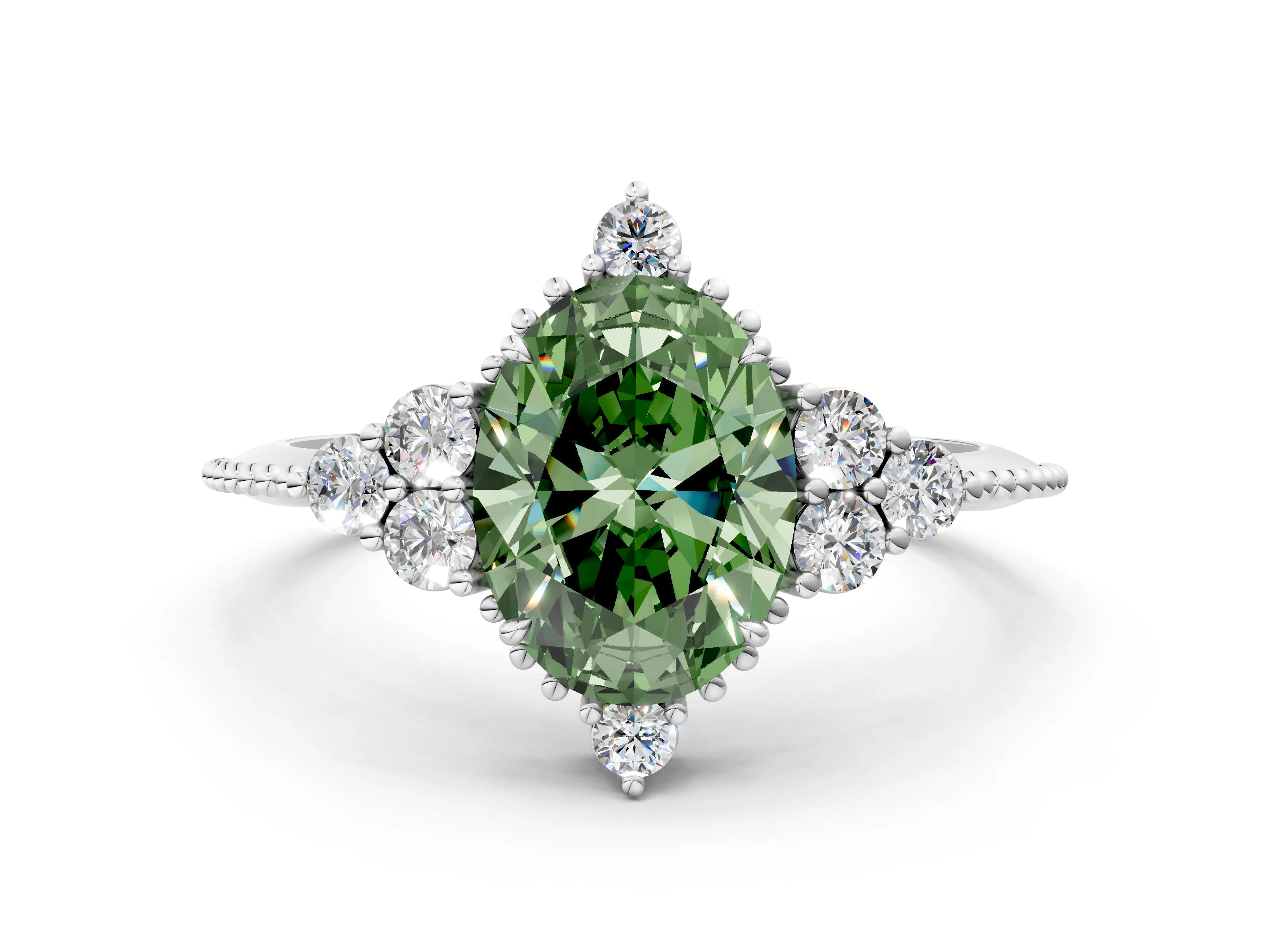 White gold Fancy Green Oval Cut Brilliant Diamond with Cluster Setting on a Beaded Band and Four-Prong Setting_18