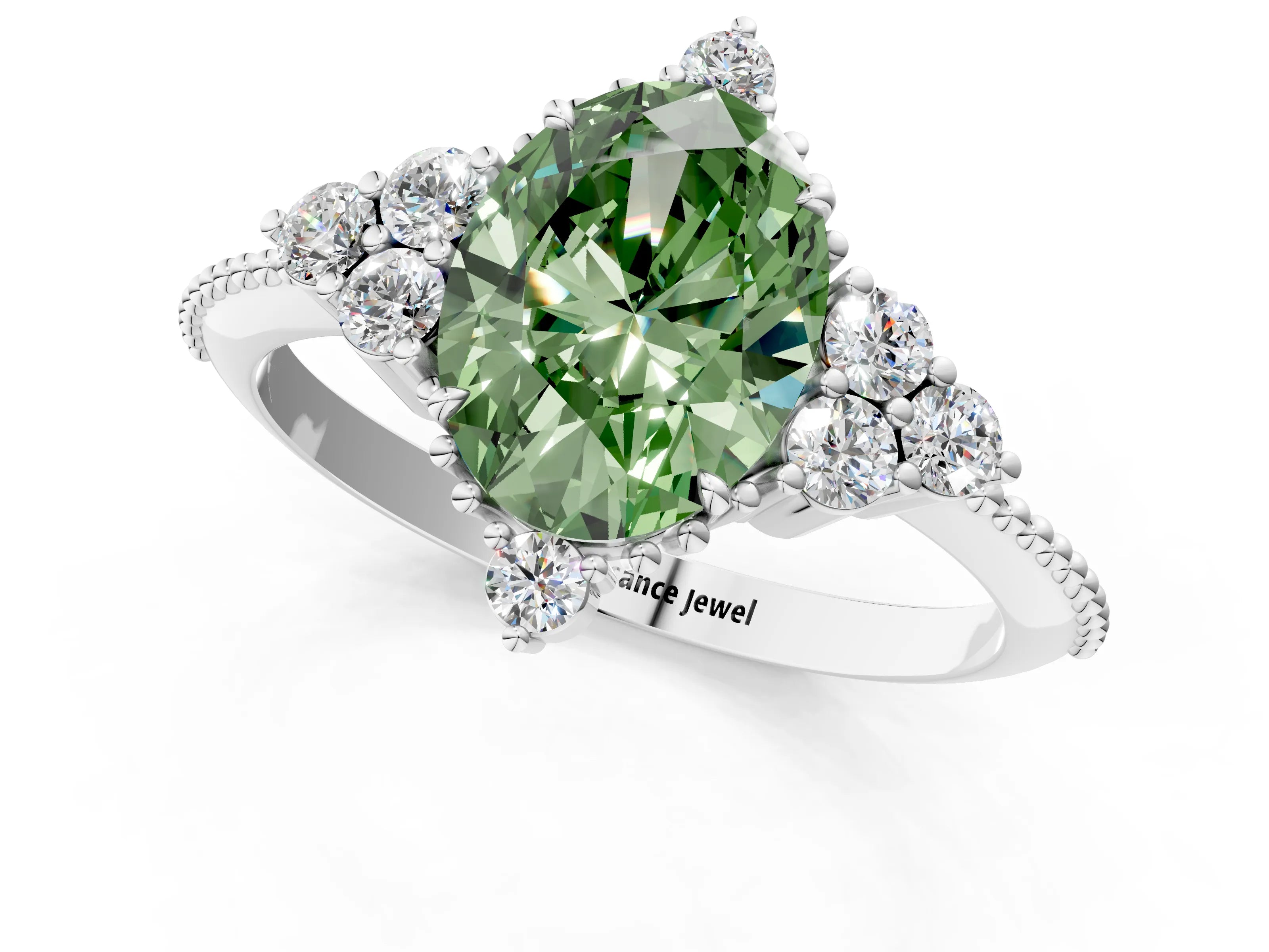 White gold Fancy Green Oval Cut Brilliant Diamond with Cluster Setting on a Beaded Band and Four-Prong Setting_19