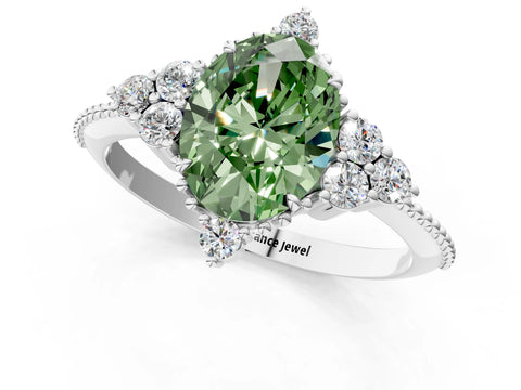 White gold Fancy Green Oval Cut Brilliant Diamond with Cluster Setting on a Beaded Band and Four-Prong Setting_19
