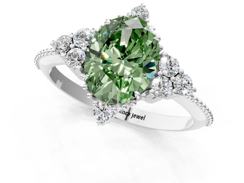 White gold Fancy Green Oval Cut Brilliant Diamond with Cluster Setting on a Beaded Band and Four-Prong Setting_1