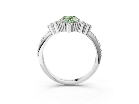 White gold Fancy Green Oval Cut Brilliant Diamond with Cluster Setting on a Beaded Band and Four-Prong Setting_3