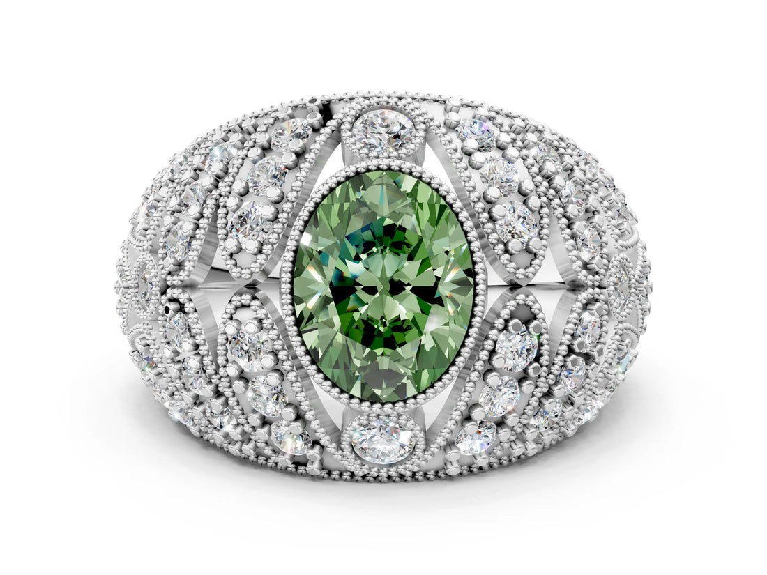 White gold Fancy Green Oval Cut Brilliant Halo Pave Diamond Milgrain Ring