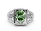 White gold Fancy Green Oval Cut Brilliant Milgrain Filigree Diamond Ring with Square Prong Setting