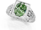 White gold Fancy Green Oval Cut Brilliant Milgrain Filigree Diamond Ring with Square Prong Setting_1