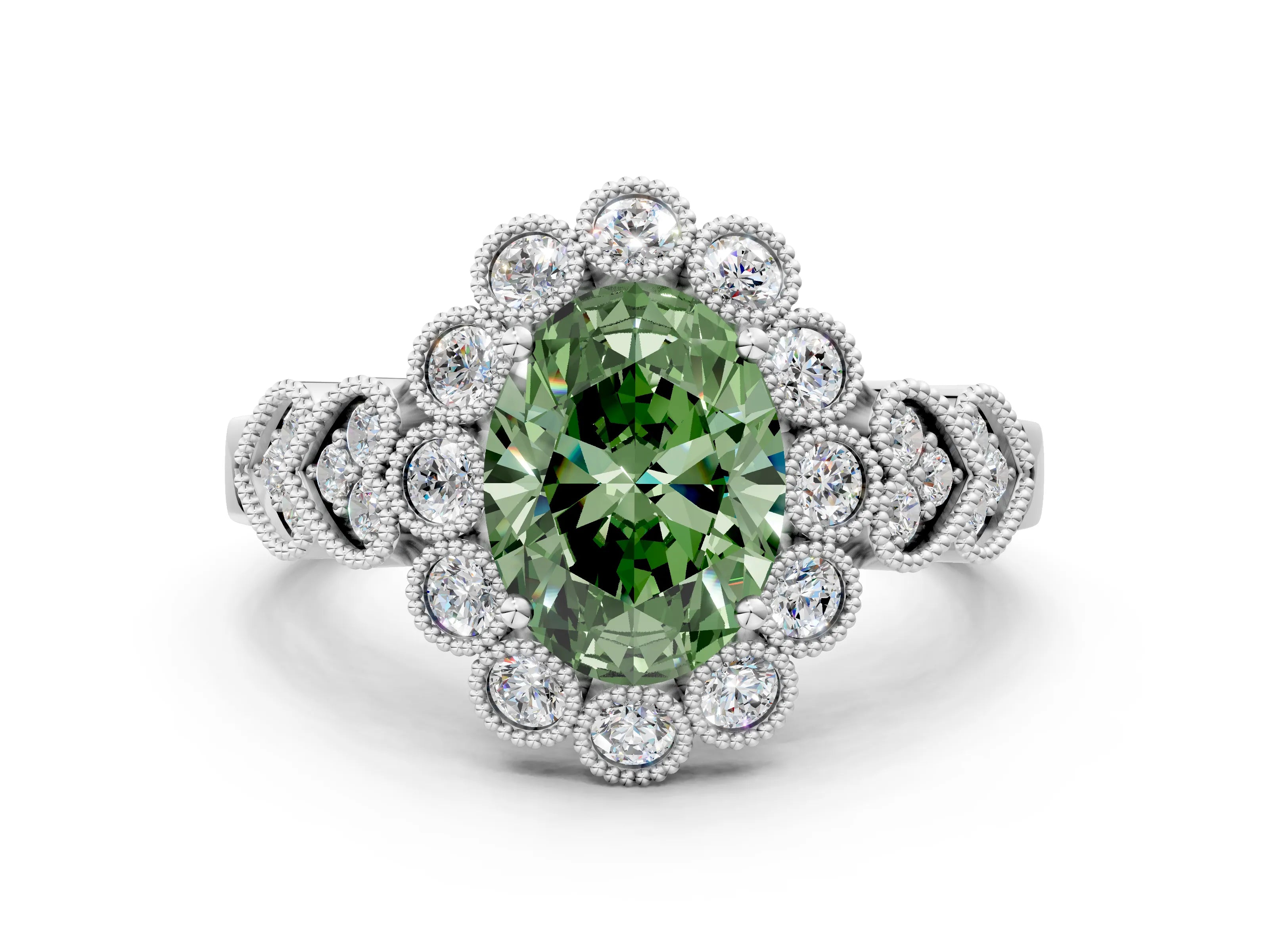 White gold Fancy Green Oval Cut Brilliant Milgrain Pave Heart Band Solitaire Ring