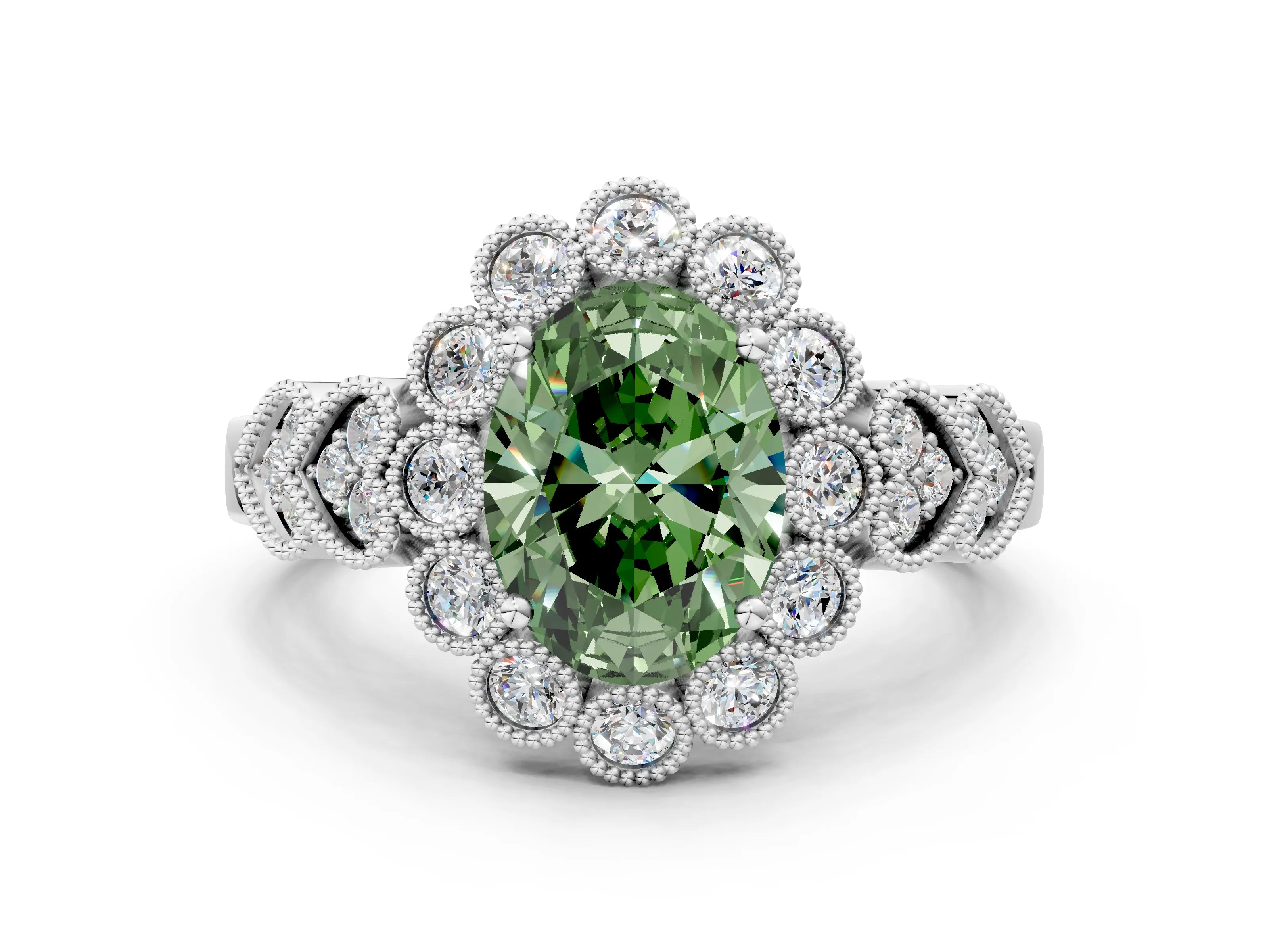 White gold Fancy Green Oval Cut Brilliant Milgrain Pave Heart Band Solitaire Ring_12