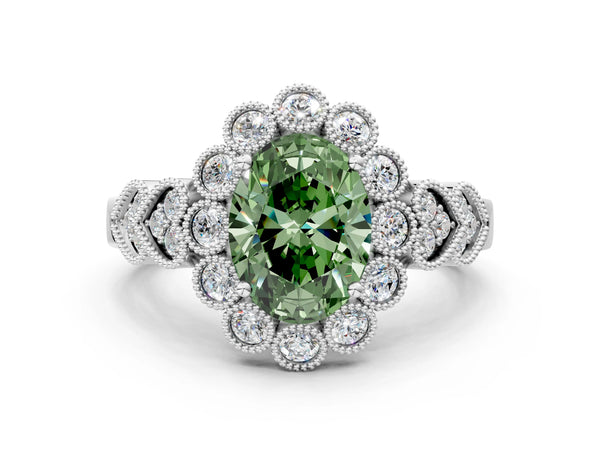 White gold Fancy Green Oval Cut Brilliant Milgrain Pave Heart Band Solitaire Ring