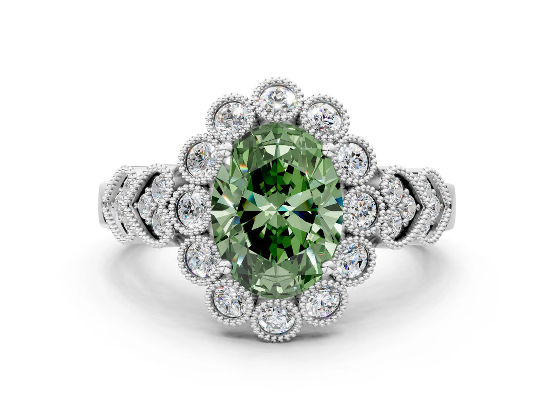White gold Fancy Green Oval Cut Brilliant Milgrain Pave Heart Band Solitaire Ring_12