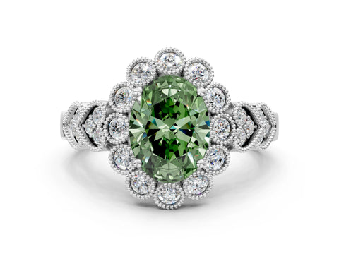 White gold Fancy Green Oval Cut Brilliant Milgrain Pave Heart Band Solitaire Ring_12