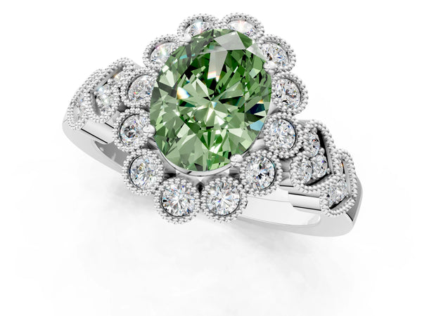 White gold Fancy Green Oval Cut Brilliant Milgrain Pave Heart Band Solitaire Ring