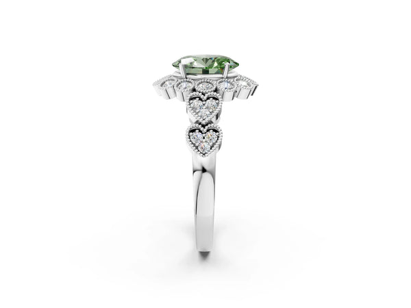 White gold Fancy Green Oval Cut Brilliant Milgrain Pave Heart Band Solitaire Ring