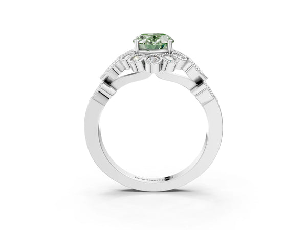 White gold Fancy Green Oval Cut Brilliant Milgrain Pave Heart Band Solitaire Ring