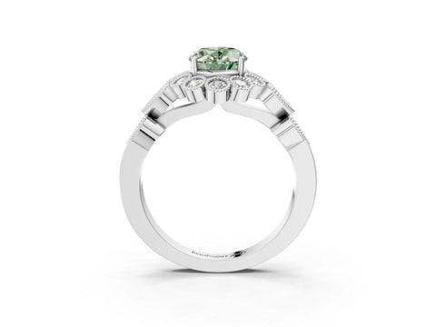 White gold Fancy Green Oval Cut Brilliant Milgrain Pave Heart Band Solitaire Ring_15