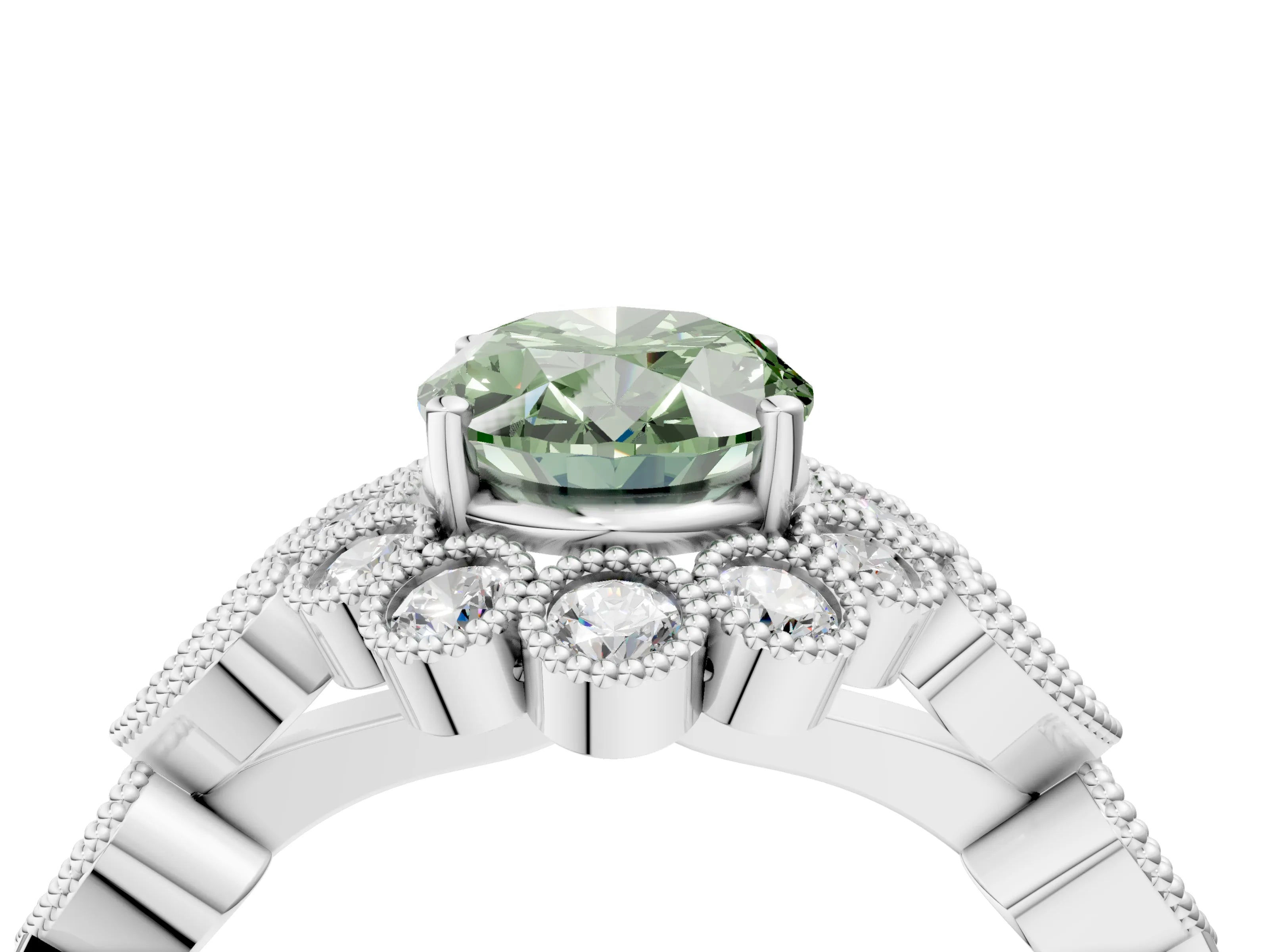 White gold Fancy Green Oval Cut Brilliant Milgrain Pave Heart Band Solitaire Ring_16
