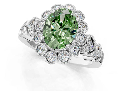 White gold Fancy Green Oval Cut Brilliant Milgrain Pave Heart Band Solitaire Ring_1