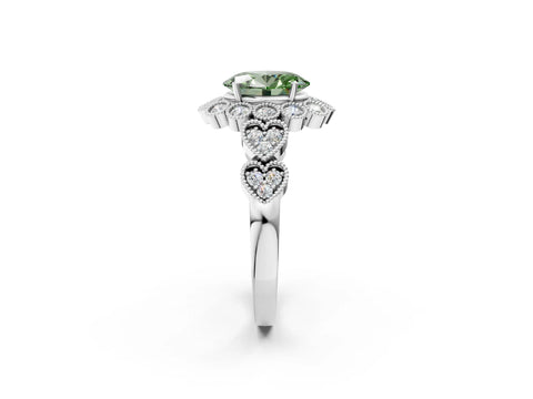 White gold Fancy Green Oval Cut Brilliant Milgrain Pave Heart Band Solitaire Ring_2