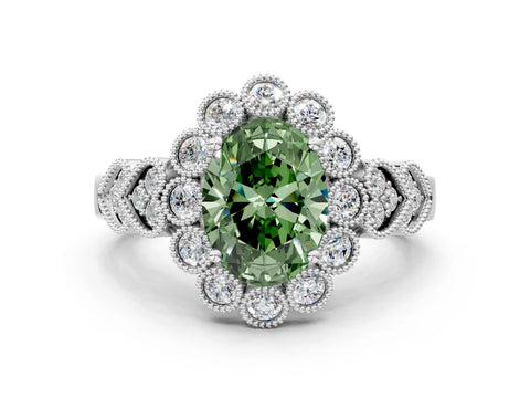 White gold Fancy Green Oval Cut Brilliant Milgrain Pave Heart Band Solitaire Ring