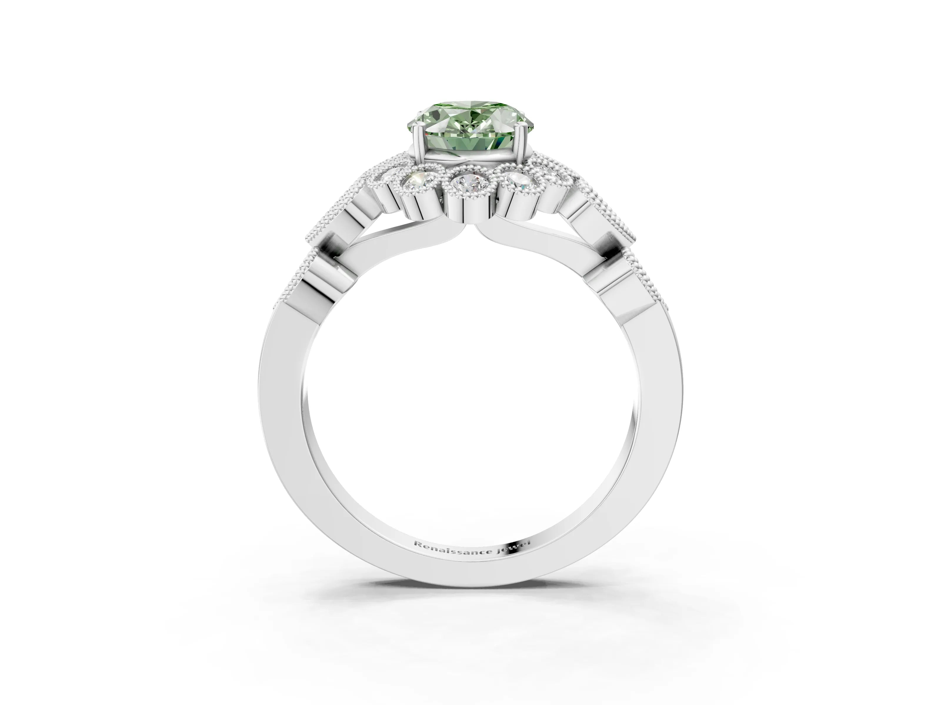 White gold Fancy Green Oval Cut Brilliant Milgrain Pave Heart Band Solitaire Ring_3