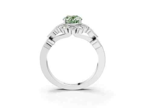 White gold Fancy Green Oval Cut Brilliant Milgrain Pave Heart Band Solitaire Ring_3