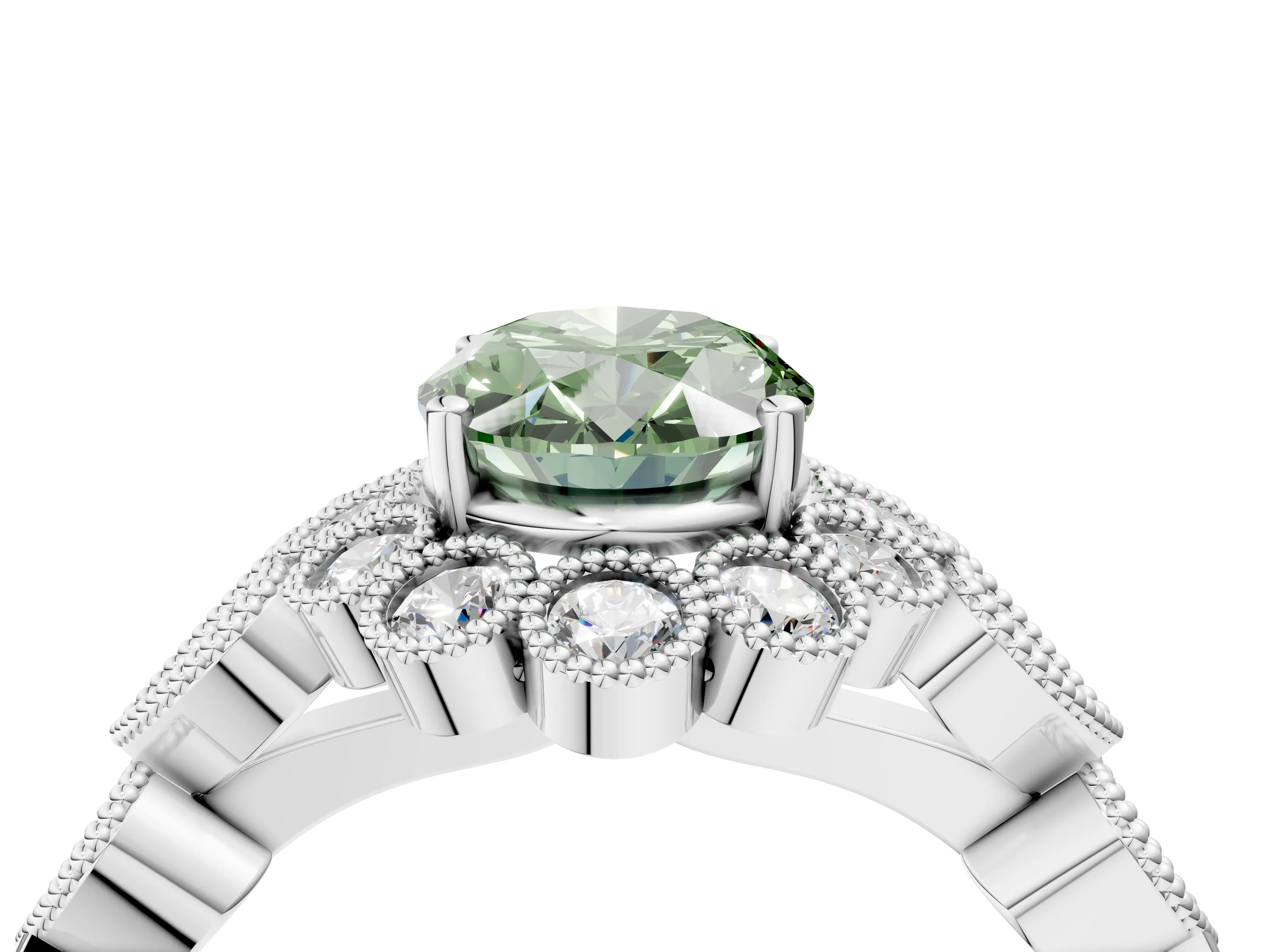 White gold Fancy Green Oval Cut Brilliant Milgrain Pave Heart Band Solitaire Ring_4