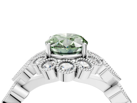 White gold Fancy Green Oval Cut Brilliant Milgrain Pave Heart Band Solitaire Ring_4