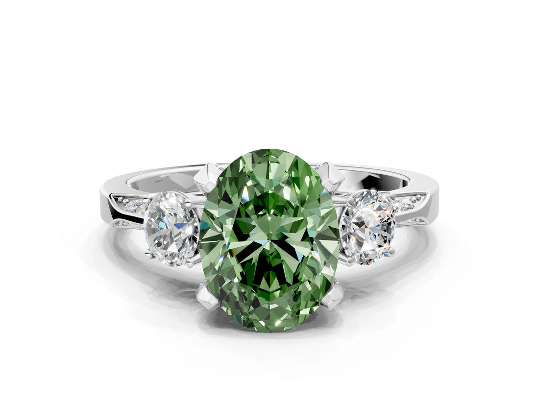 White gold Fancy Green Oval Cut Brilliant Three-Stone Diamond Ring with Pavé Band and Four-Prong Setting_15