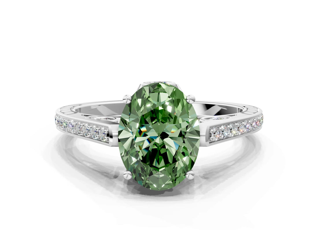 White gold Fancy Green Oval  Cut Cathedral Pave Diamond Engagement Ring with Six-Prong Setting_31