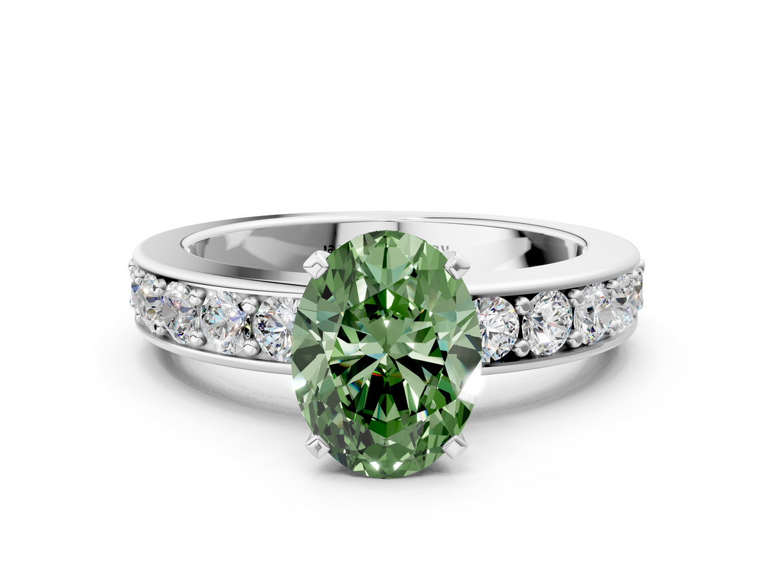 White gold Fancy Green Oval  Cut Channel Set Diamond Engagement Ring with Four-Prong Setting_252
