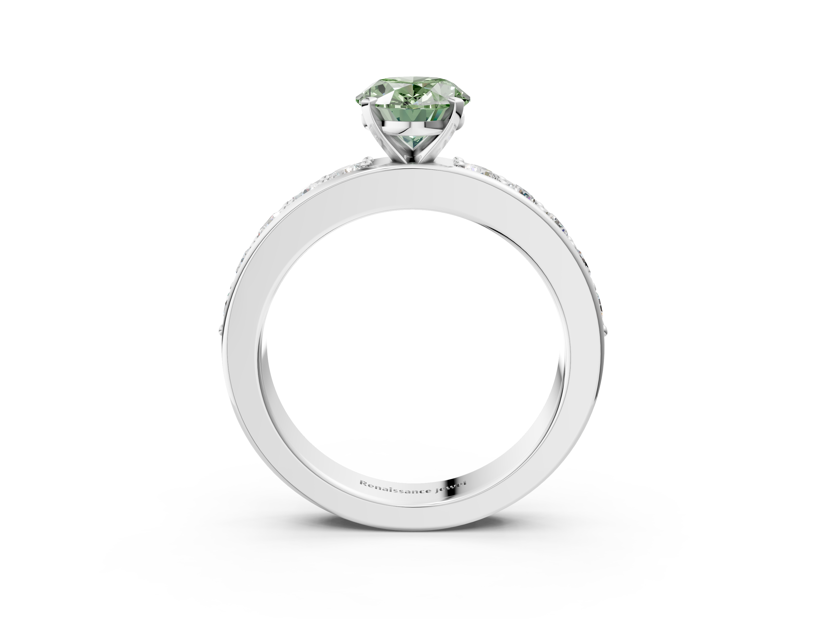 White gold Fancy Green Oval  Cut Channel Set Diamond Engagement Ring with Four-Prong Setting_256