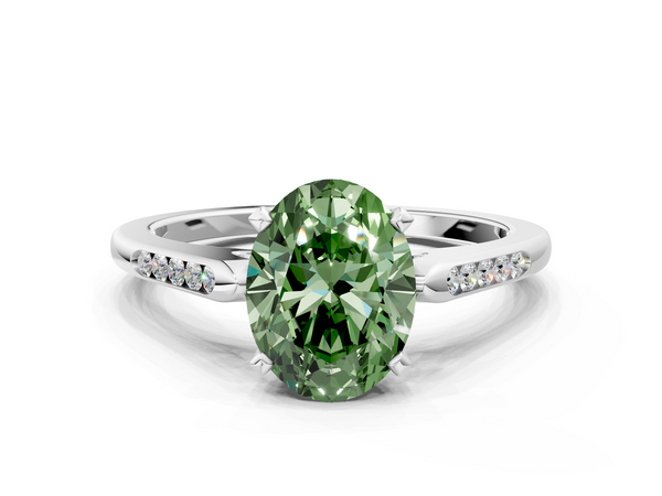 Platinum Fancy Green Oval  Cut Channel Set Solitaire Engagement Ring with Four-Prong Setting