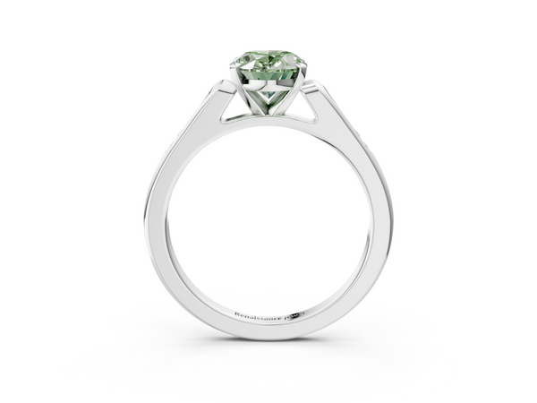 Platinum Fancy Green Oval  Cut Channel Set Solitaire Engagement Ring with Four-Prong Setting