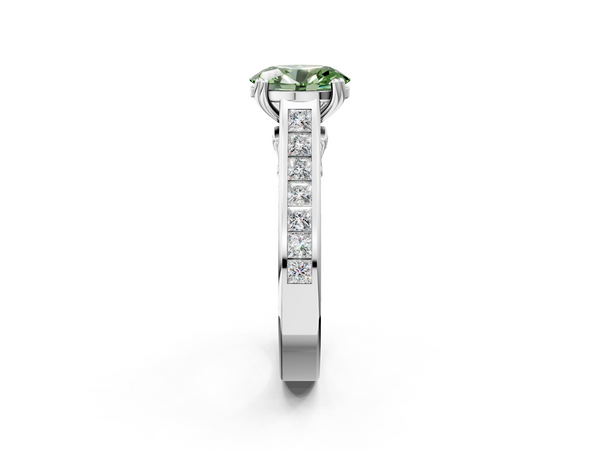 White gold Fancy Green Oval  Cut Channel Set Solitaire Engagement Ring with Prong Setting