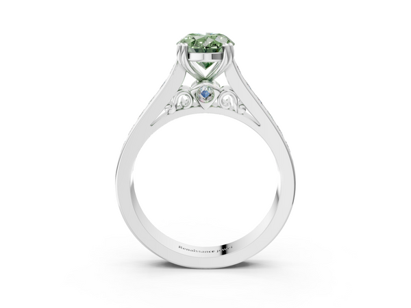 White gold Fancy Green Oval  Cut Channel Set Solitaire Engagement Ring with Prong Setting