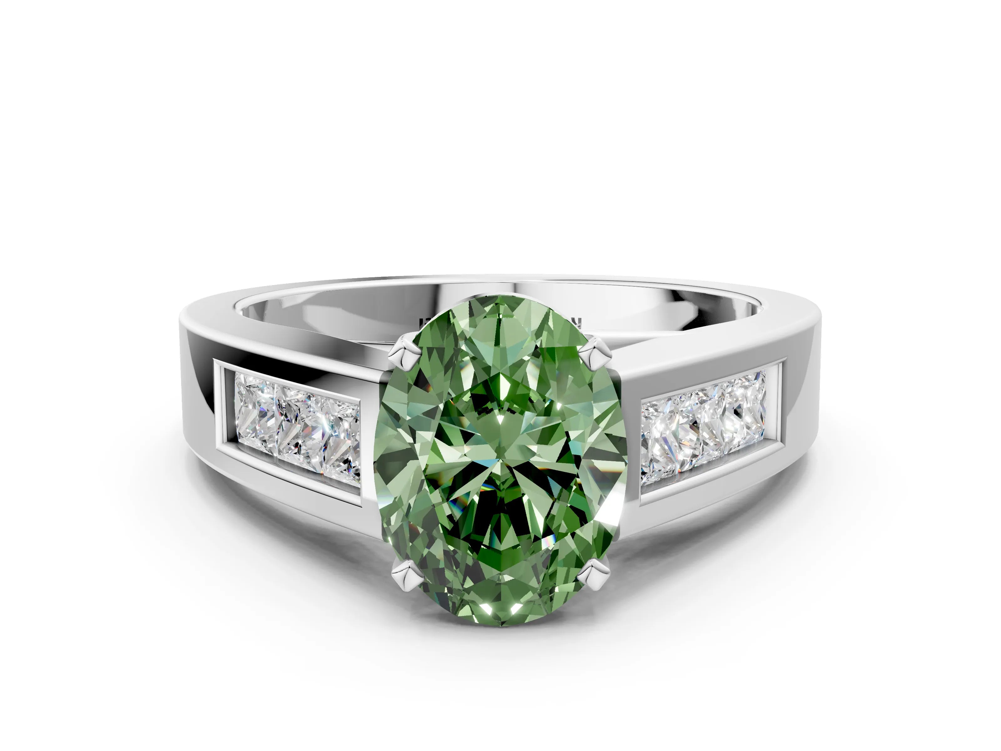 White gold Fancy Green Oval Cut Cut Channel Set Solitaire Ring with Four-Prong Setting_12