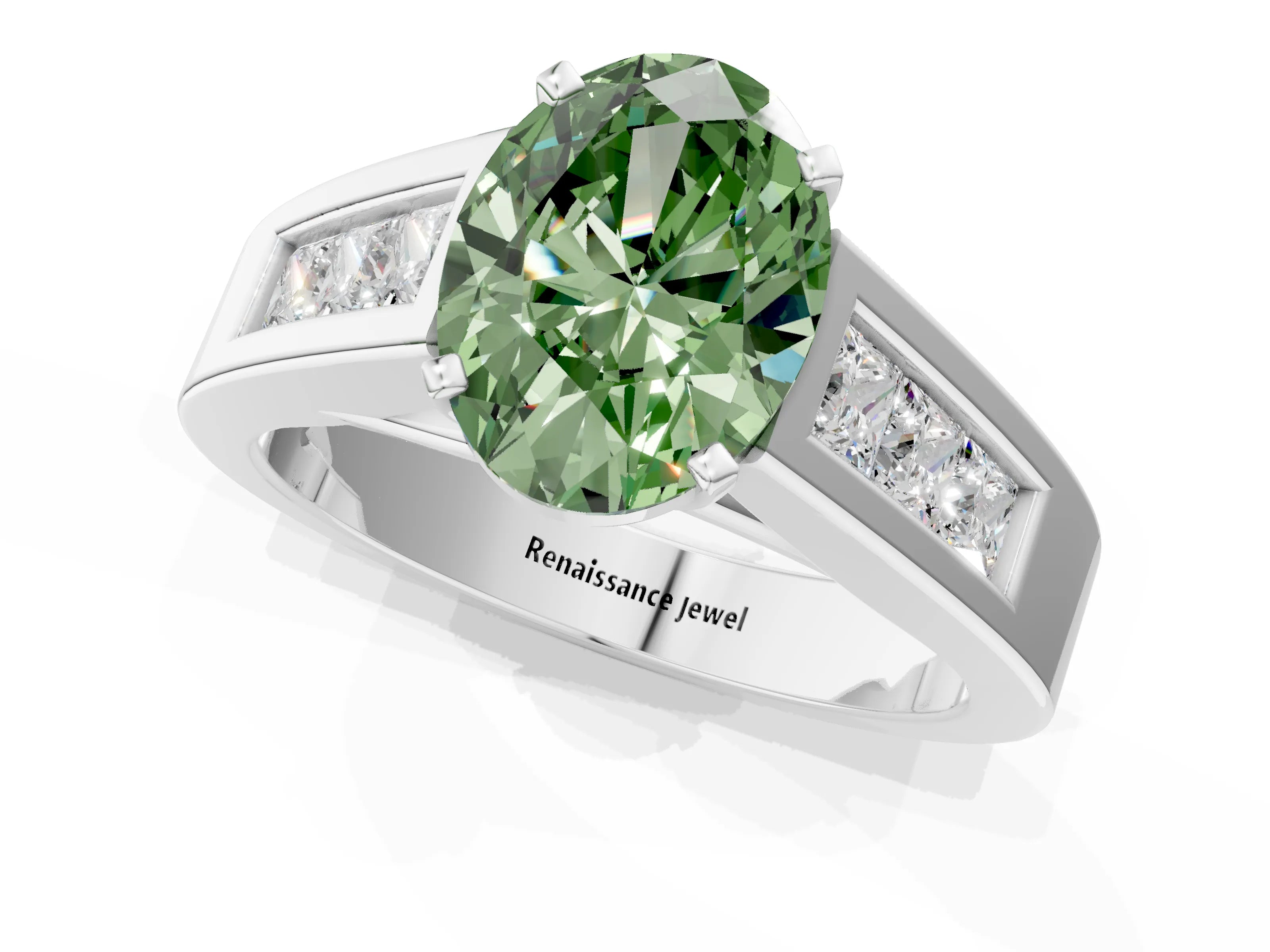 White gold Fancy Green Oval Cut Cut Channel Set Solitaire Ring with Four-Prong Setting_13