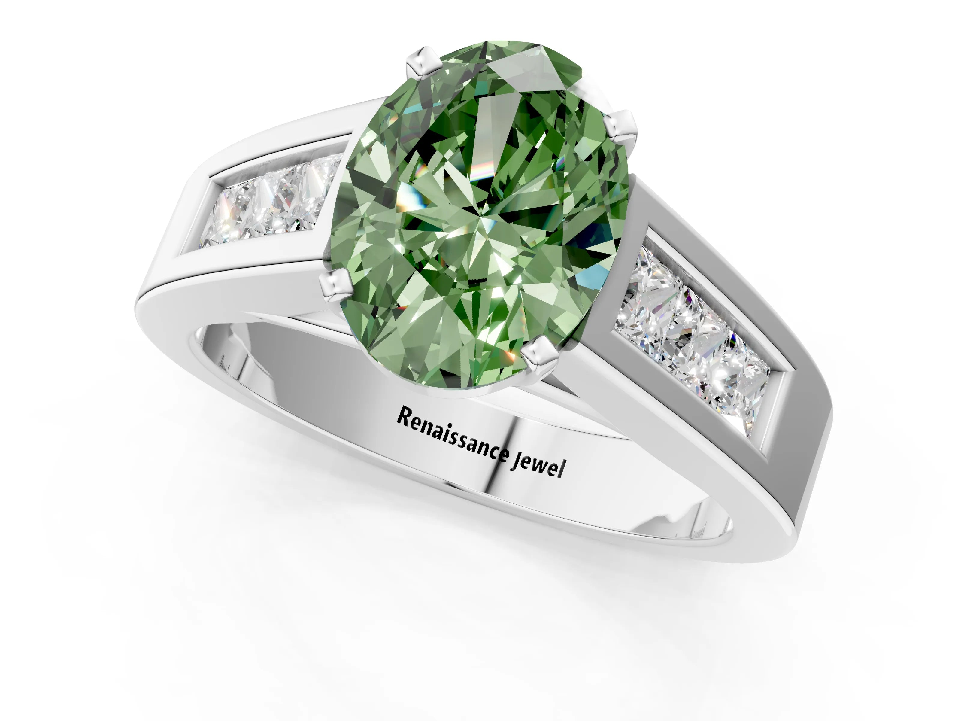 White gold Fancy Green Oval Cut Cut Channel Set Solitaire Ring with Four-Prong Setting_1