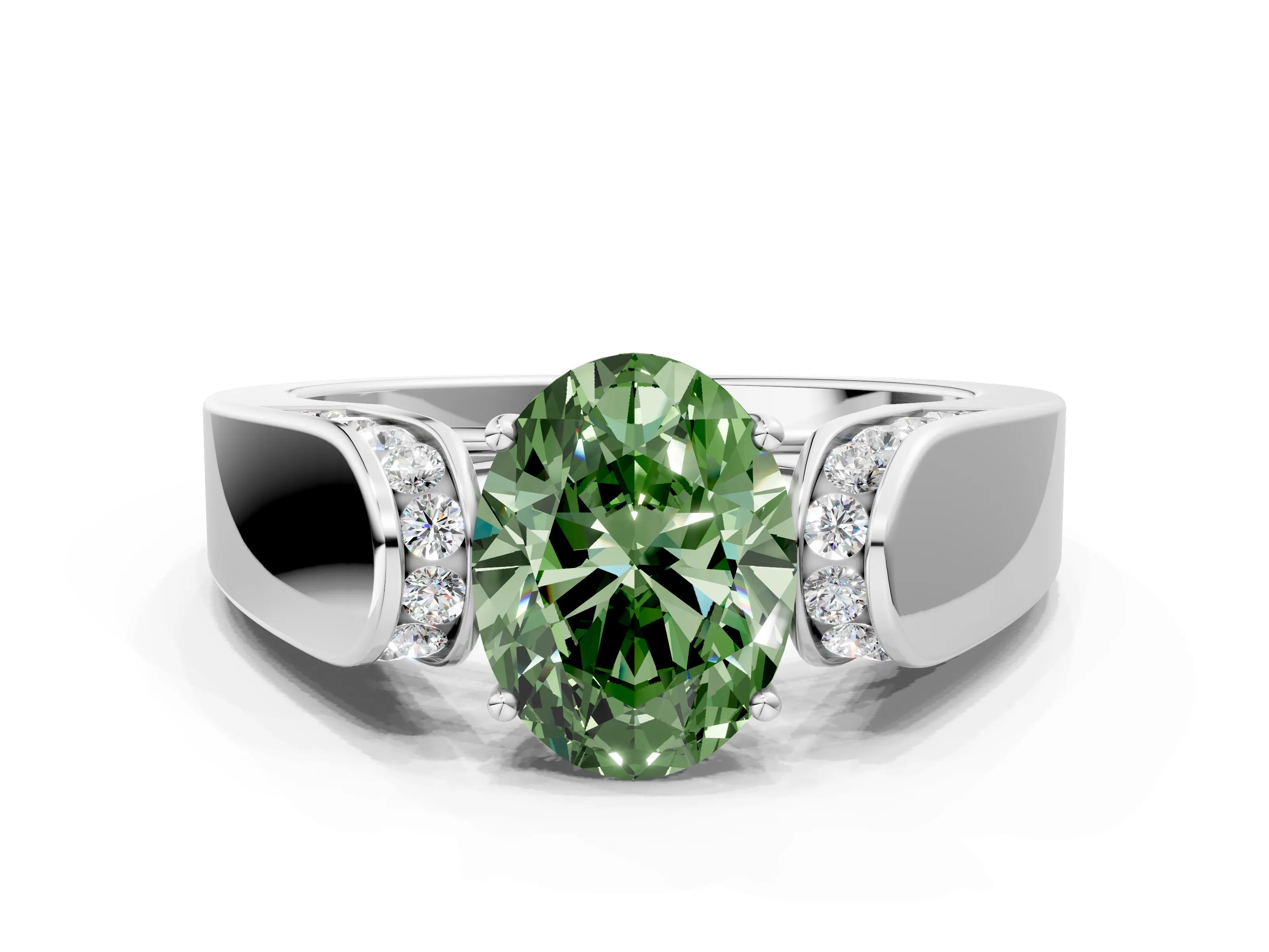 White gold Fancy Green Oval Cut Cut Diamond Channel Set Solitaire Ring with Four-Prong Setting