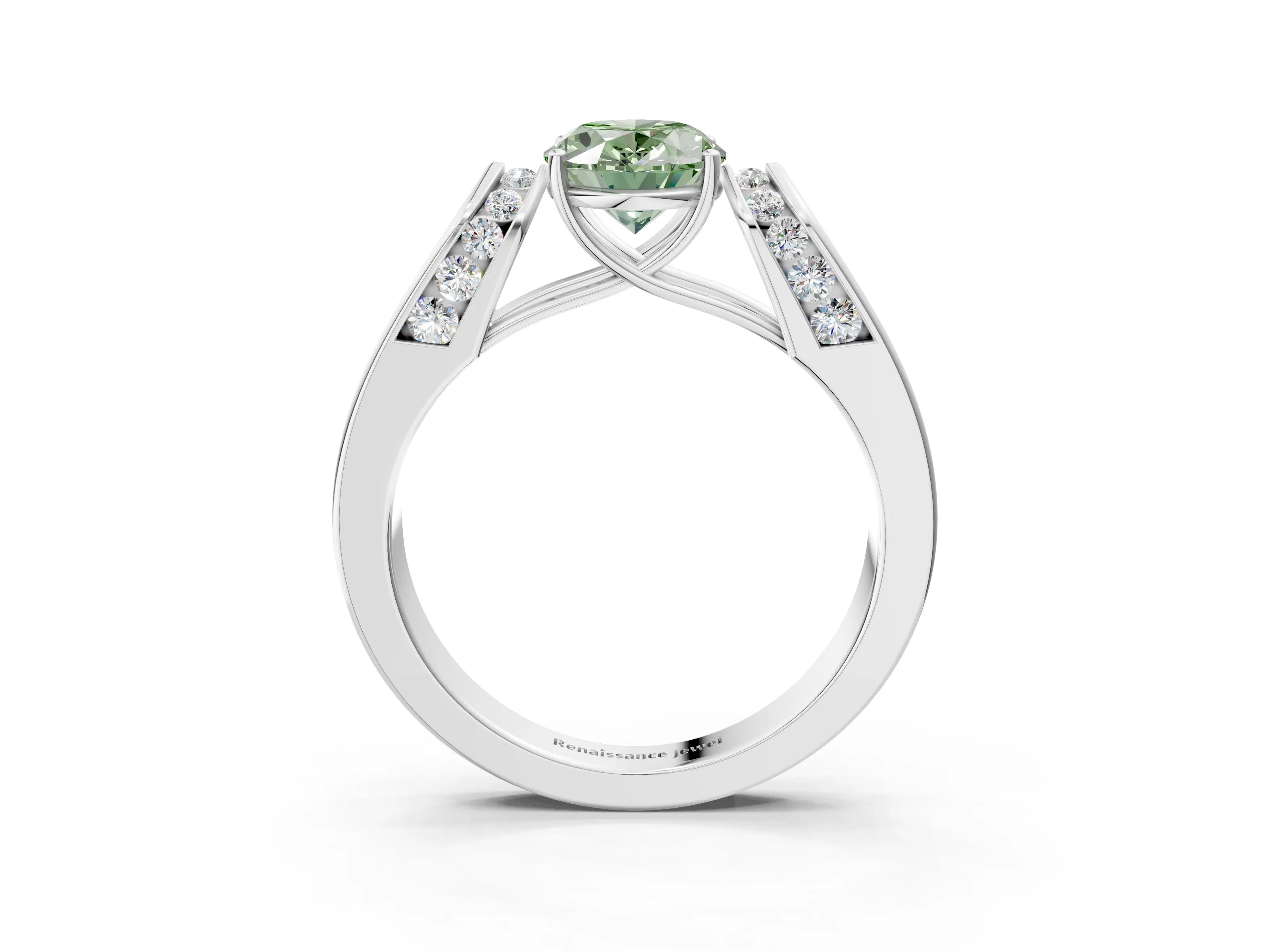 White gold Fancy Green Oval Cut Cut Diamond Channel Set Solitaire Ring with Four-Prong Setting_3