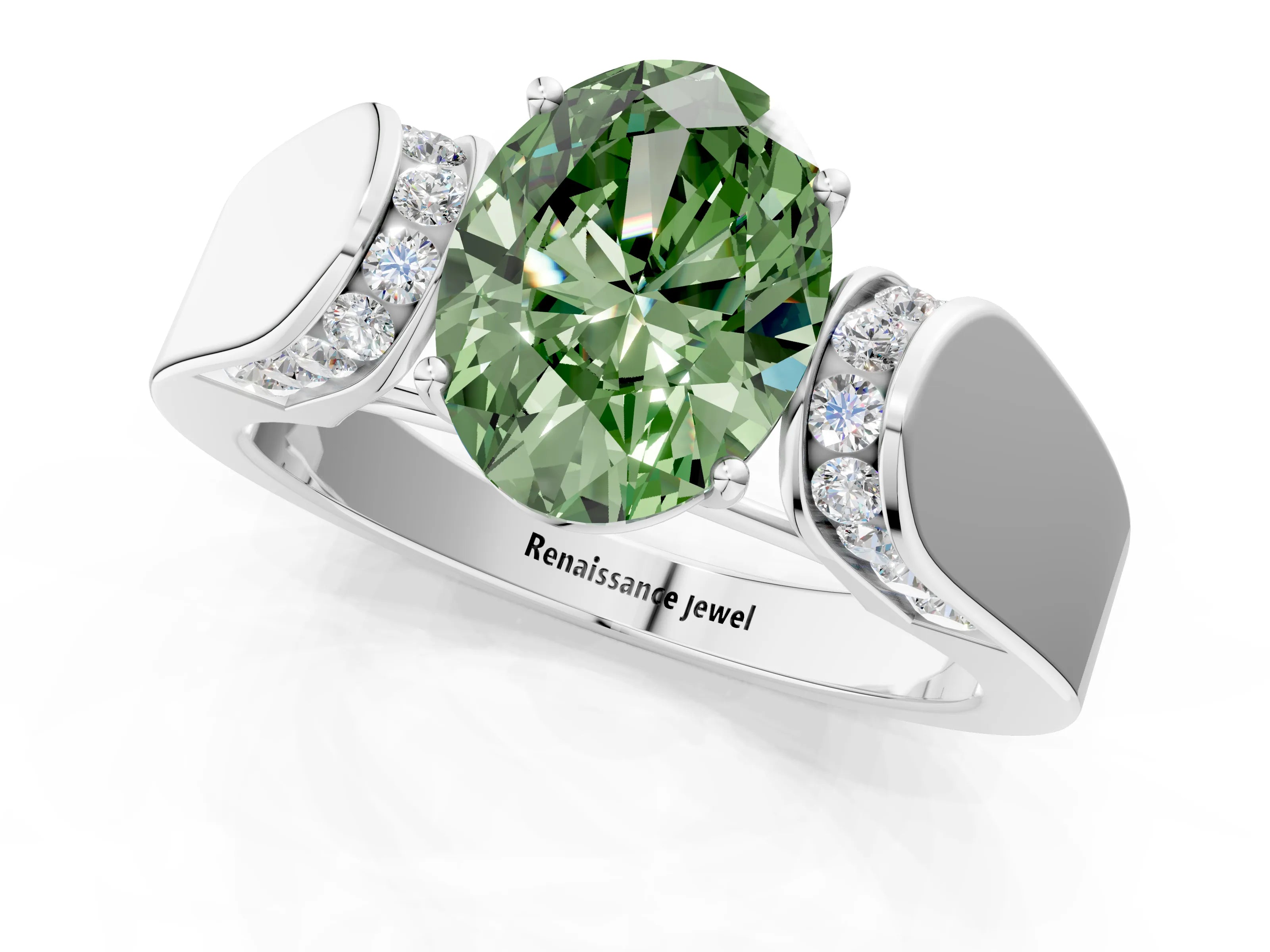 White gold Fancy Green Oval Cut Cut Diamond Channel Set Solitaire Ring with Four-Prong Setting_79