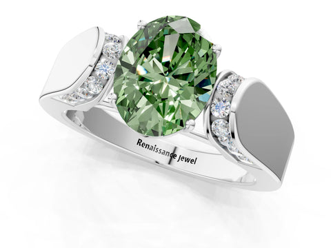White gold Fancy Green Oval Cut Cut Diamond Channel Set Solitaire Ring with Four-Prong Setting_80