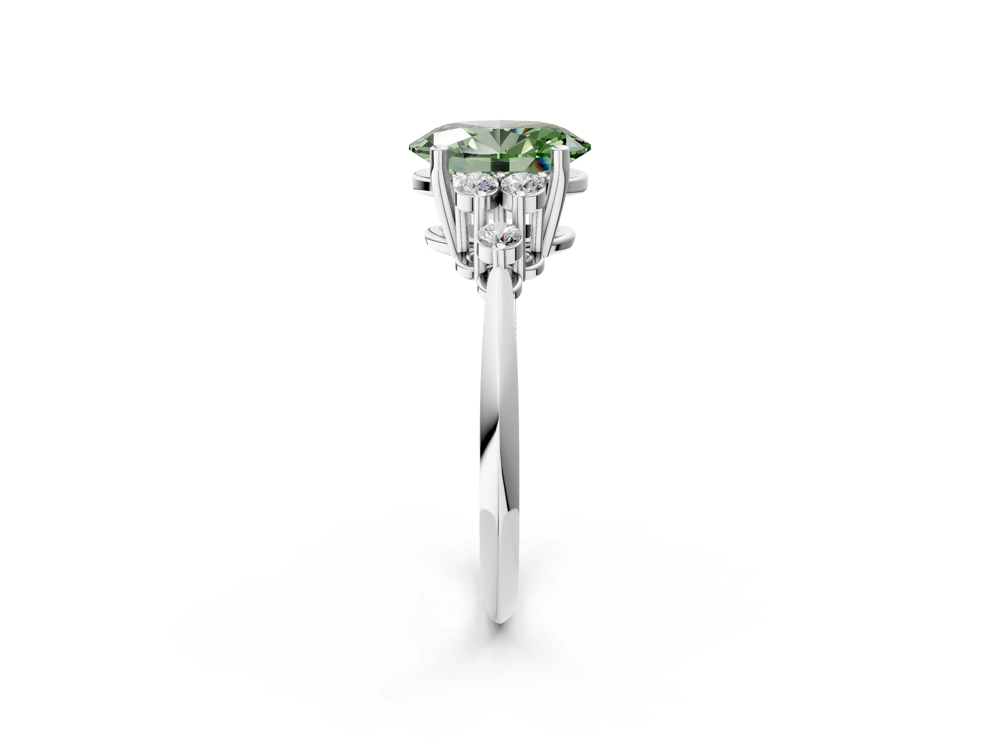 White gold Fancy Green Oval Cut Cut Diamond Cluster Ring with Solitaire Band and Four-Prong Setting_14