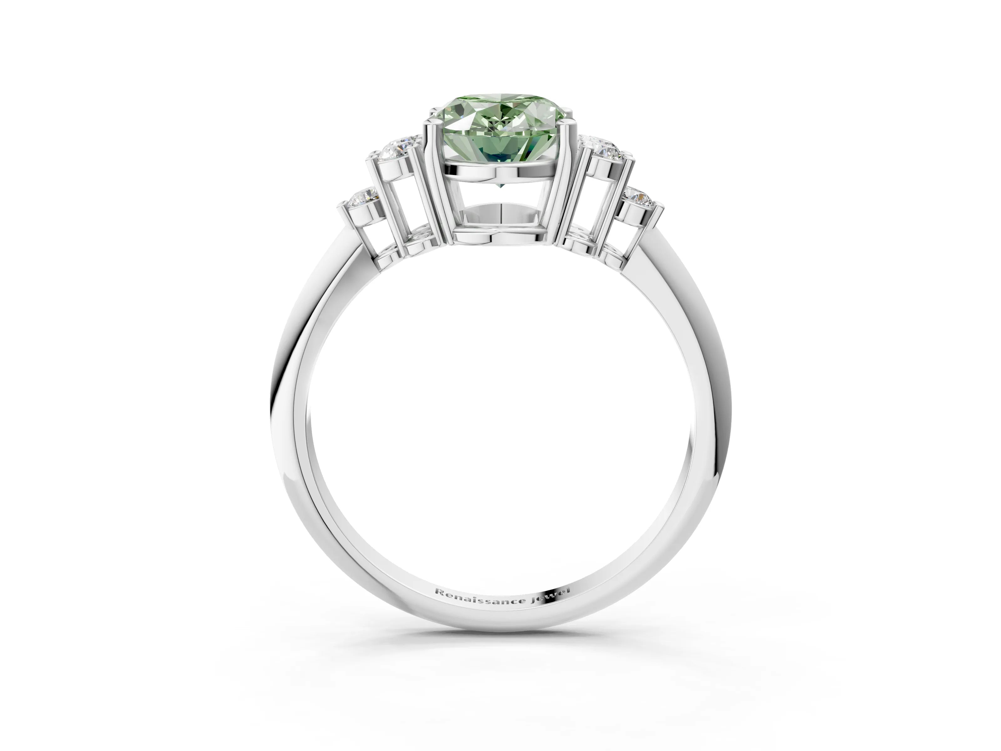 White gold Fancy Green Oval Cut Cut Diamond Cluster Ring with Solitaire Band and Four-Prong Setting_15