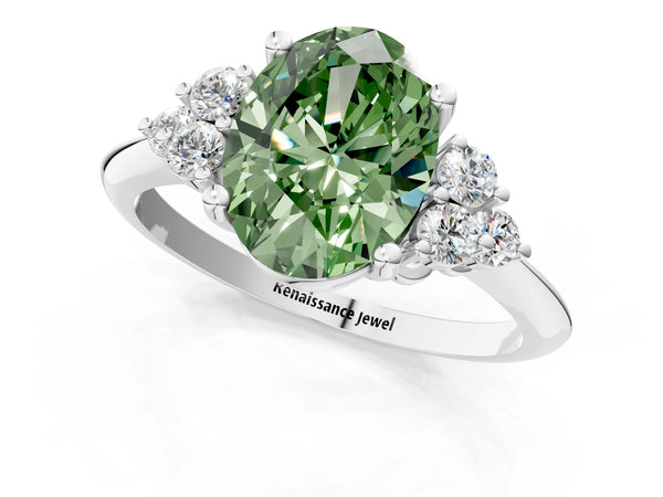 Platinum Fancy Green Oval Cut Cut Diamond Cluster Ring with Solitaire Band and Four-Prong Setting