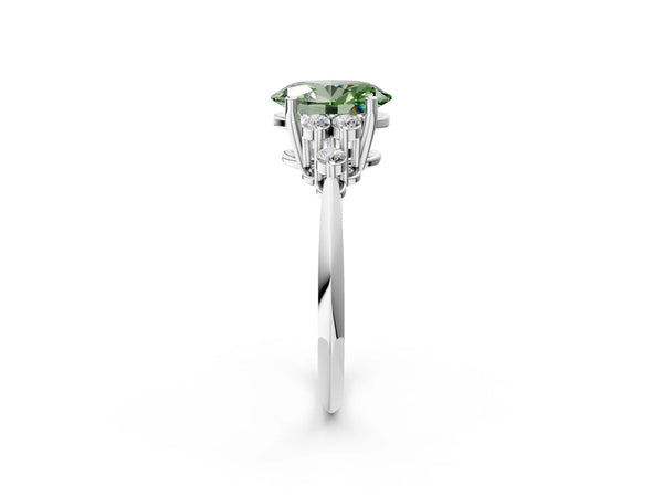Platinum Fancy Green Oval Cut Cut Diamond Cluster Ring with Solitaire Band and Four-Prong Setting