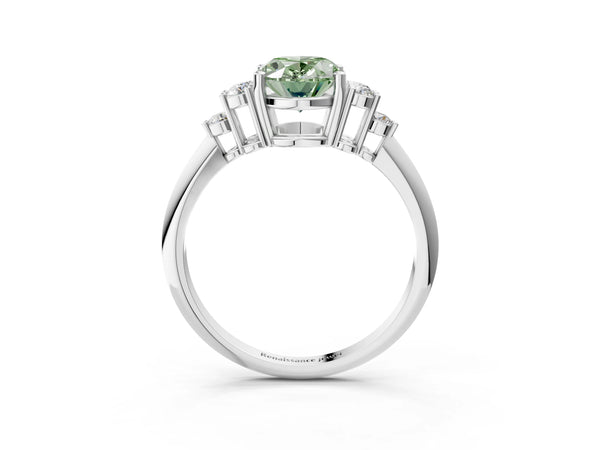 Platinum Fancy Green Oval Cut Cut Diamond Cluster Ring with Solitaire Band and Four-Prong Setting