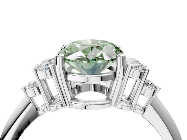 Platinum Fancy Green Oval Cut Cut Diamond Cluster Ring with Solitaire Band and Four-Prong Setting