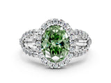 White gold Fancy Green Oval Cut Cut Diamond Halo Engagement Ring with Open Split Pavé Band