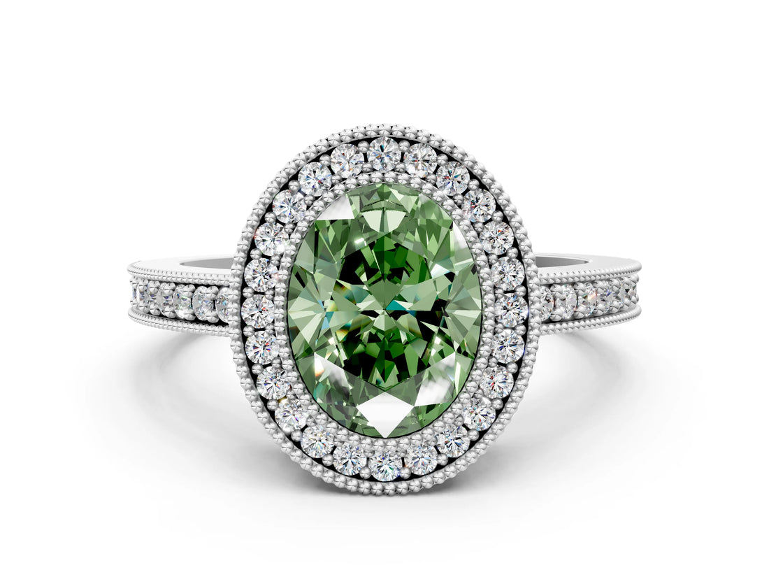 White gold Fancy Green Oval Cut-Cut Diamond Halo Engagement Ring with Pave Band and Prong Setting