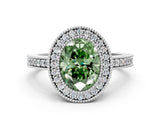 White gold Fancy Green Oval Cut-Cut Diamond Halo Engagement Ring with Pave Band and Prong Setting
