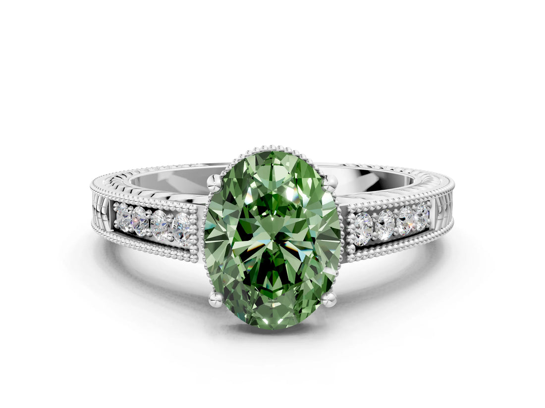 White gold Fancy Green Oval Cut Cut Diamond Milgrain Pave Band Four-Prong Setting Ring_15